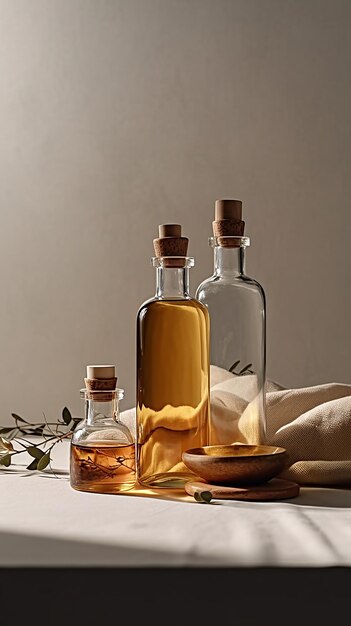 Dos botellas de aceite de oliva se sientan en una mesa al lado de un tazón de aceite de oliva.