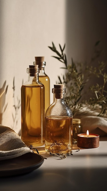Dos botellas de aceite de oliva se sientan en una mesa junto a una vela.