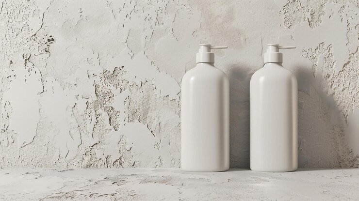 dos botellas blancas de champú se sientan en un estante