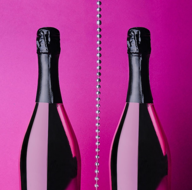 Dos botellas de champán sobre fondo rosa