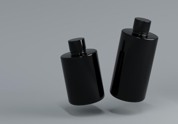 Dos botellas de champú de plástico flotando sobre fondo gris 3D render maqueta