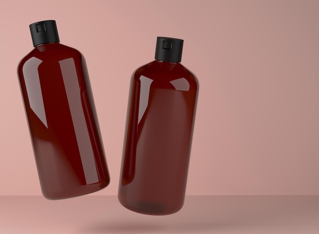 Dos botellas de champú de plástico marrón transparente flotando en el fondo del estudio 3D Render