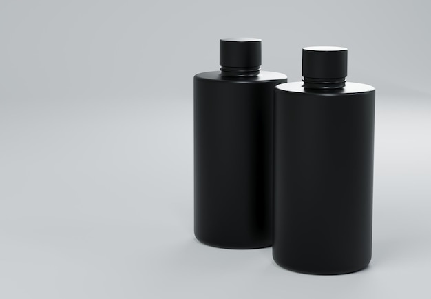 Dos botellas de champú de plástico negro de pie sobre fondo gris d renderizar plantilla de negocio