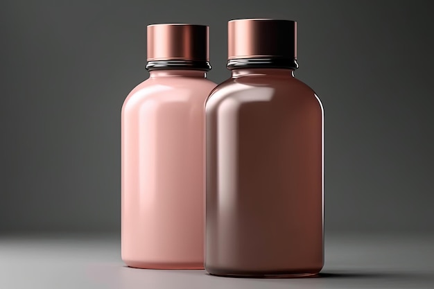 Dos botellas de color rosa están sentadas sobre una mesa.