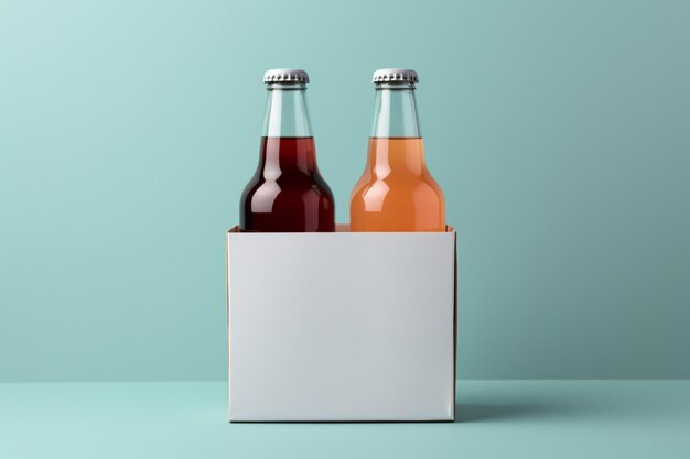 Dos botellas diversas de bebidas sin alcohol con una caja de papel blanco sobre un fondo Toscha