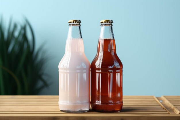 Dos botellas diversas de refrescos sin alcohol con una caja de papel blanco sobre un fondo Toscha