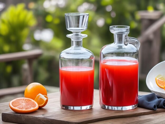 dos botellas de jugo con una fruta y una fruta en el fondo