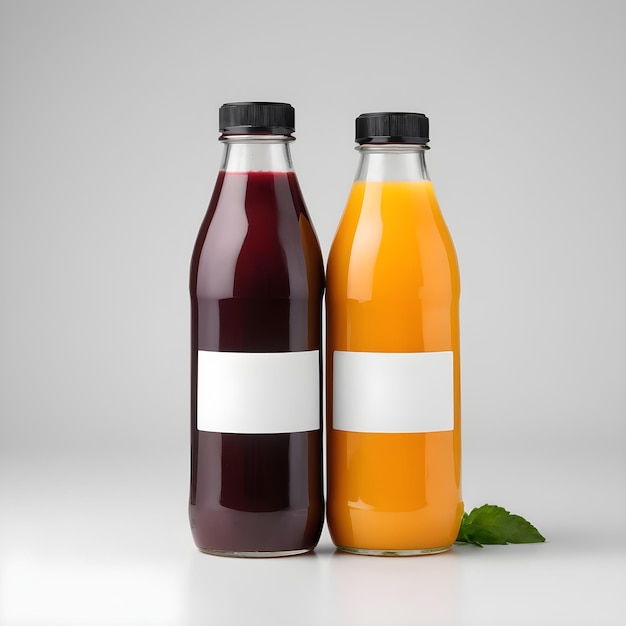 Dos botellas de jugos de frutas con tapas negras sin etiquetas aisladas sobre un fondo blanco