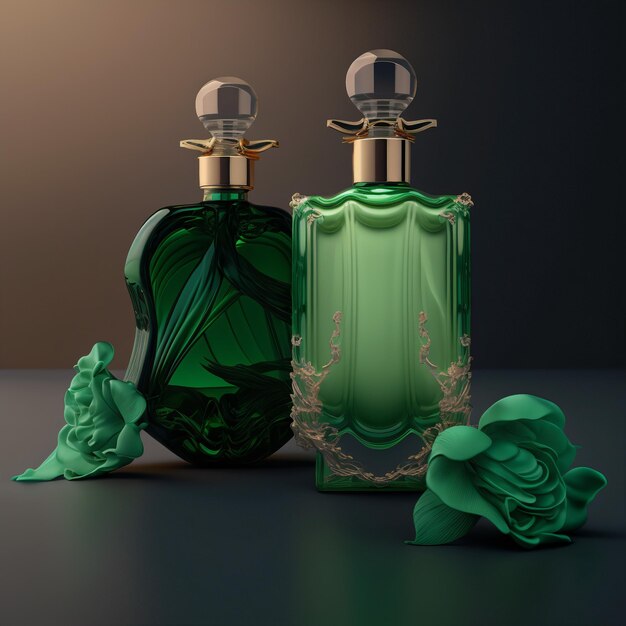 Dos botellas de perfume con una rosa a la izquierda.