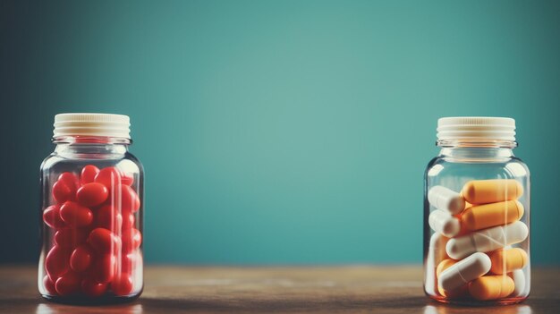 dos botellas de rojo y blanco están sobre una mesa.