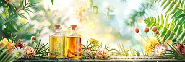Foto dos botellas de vidrio de extractos de aceite vegetal en una superficie de madera rodeada de flores frescas y hojas verdes ia generativa