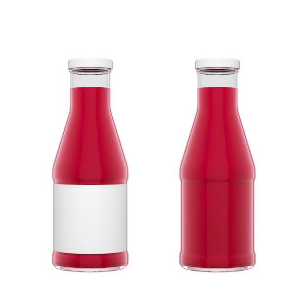 Dos botellas de vidrio transparente con tapa blanca y etiqueta llenas de jugo de bayas aisladas sobre fondo blanco. Ilustración de renderizado 3D.