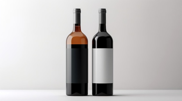 Dos botellas de vino con una etiqueta MOCK UP vacía Dos botellas de vino realistas en la vista superior con etiquetas