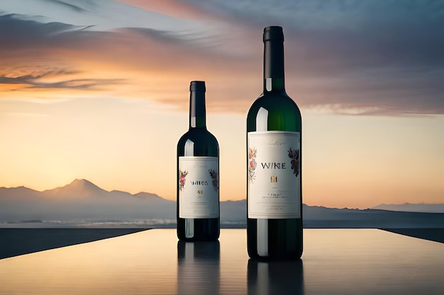 Dos botellas de vino con una puesta de sol en el fondo