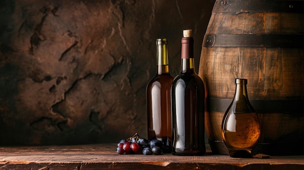 Dos botellas de vino y uvas en la mesa