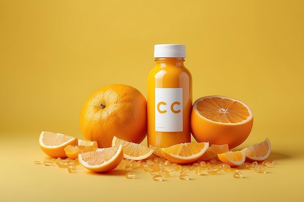 Dos botellas de vitamina C en un fondo amarillo aditivos alimentarios esparcidos en la superficie de la maqueta