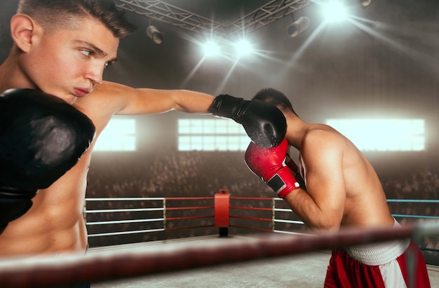 Dos boxeadores están luchando en el ring de boxeo profesional