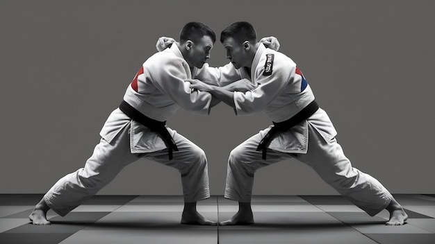 Los dos boxeadores de judoka posando en el gris