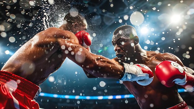 Foto dos boxeadores musculosos con guantes rojos están involucrados en un feroz combate de boxeo