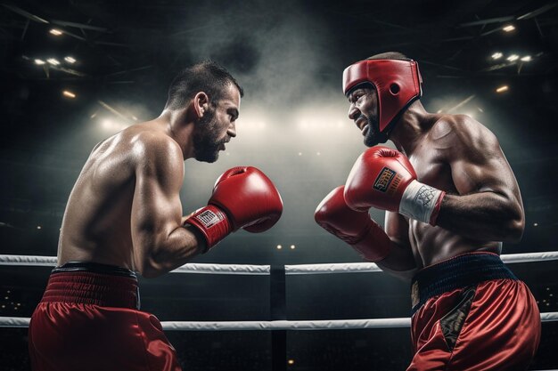 Dos boxeadores musculosos tienen una competencia en el ring. Están usando cascos y guantes.