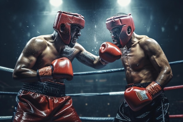 Dos boxeadores musculosos tienen una competencia en el ring. Están usando cascos y guantes.