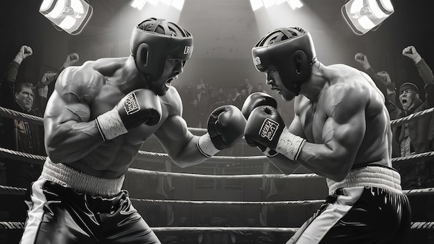 Dos boxeadores musculosos tienen una competencia en el ring están usando cascos y guantes