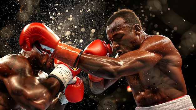 Dos boxeadores profesionales en un combate de boxeo Ambos llevan guantes de boxe o rojos y están en medio de un intercambio de boxeos