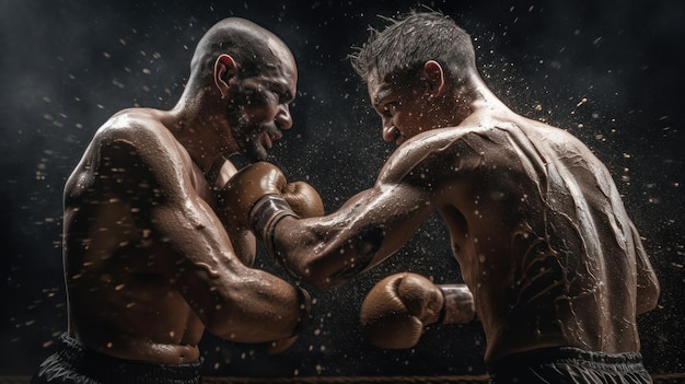 Dos boxeadores profesionales peleando en el ring sobre un fondo oscuro IA generativa