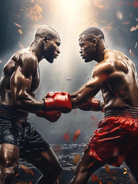 Foto dos boxeadores en un ring de boxeo uno de ellos está vestido de rojo y el otro de negro