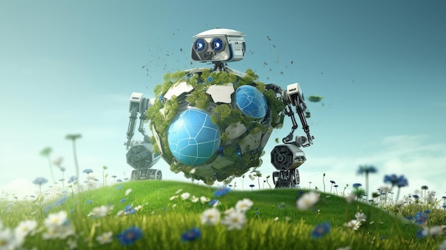 Con dos brazos flotando sobre el globo terrestre mientras está cubierto de flores y hierba, este robot mecánico de alta tecnología utiliza IA generativa para conservar el agua.