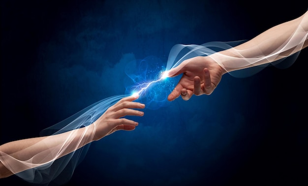 Dos brazos masculinos alcanzándose el uno al otro con una corriente eléctrica humeante conectando sus dedos en el concepto de fondo del espacio vacío