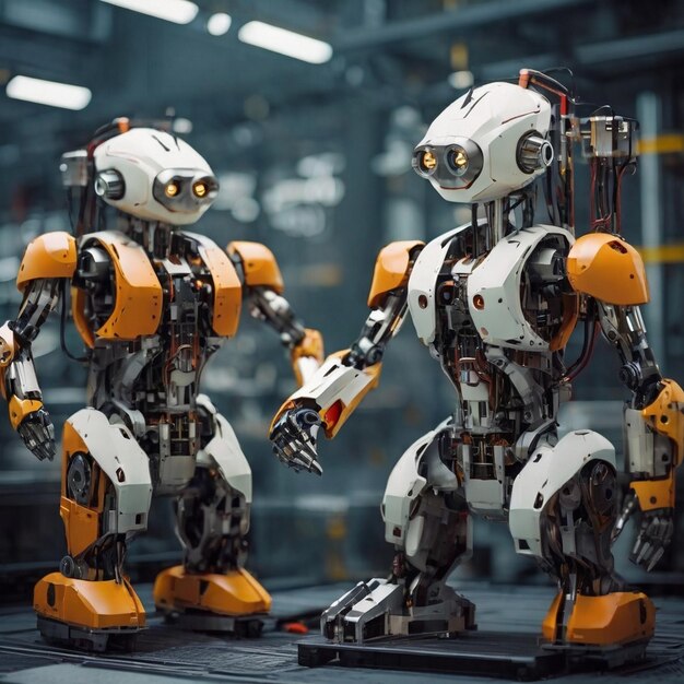 Foto dos brazos robóticos humanos trabajando en una fábrica