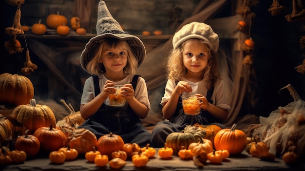 Dos brujitas felices en una fiesta de Halloween que celebra la Víspera de Todos los Santos generada por IA