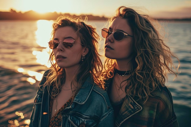 Foto dos buenas amigas se hacen selfies en la playa. las vibraciones positivas de la amistad son naturales.