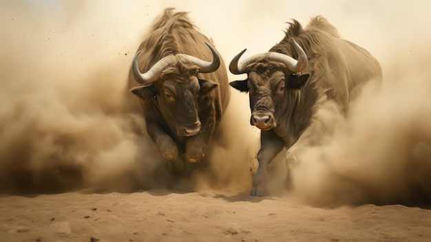 Foto dos búfalos cerrando los cuernos en una exhibición de fuerza