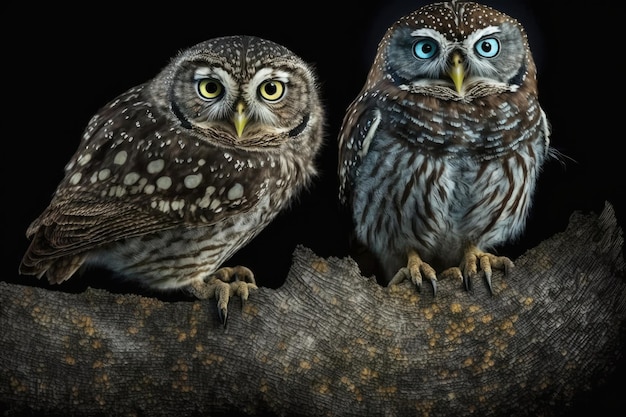 Dos búhos posados en una rama de un árbol IA generativa