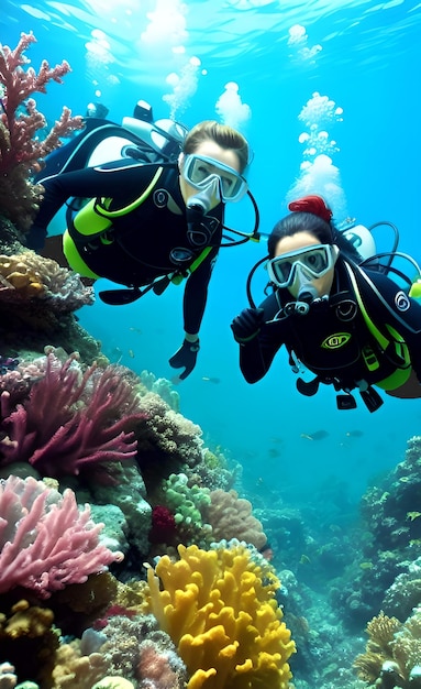 Dos buzos frente a un arrecife de coral