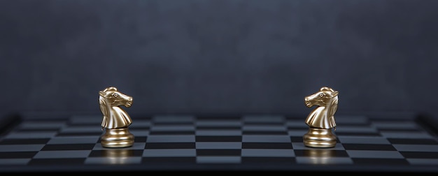Foto dos caballeros de ajedrez de caballo de pie en el tablero de ajedres concepto de jugador de equipo