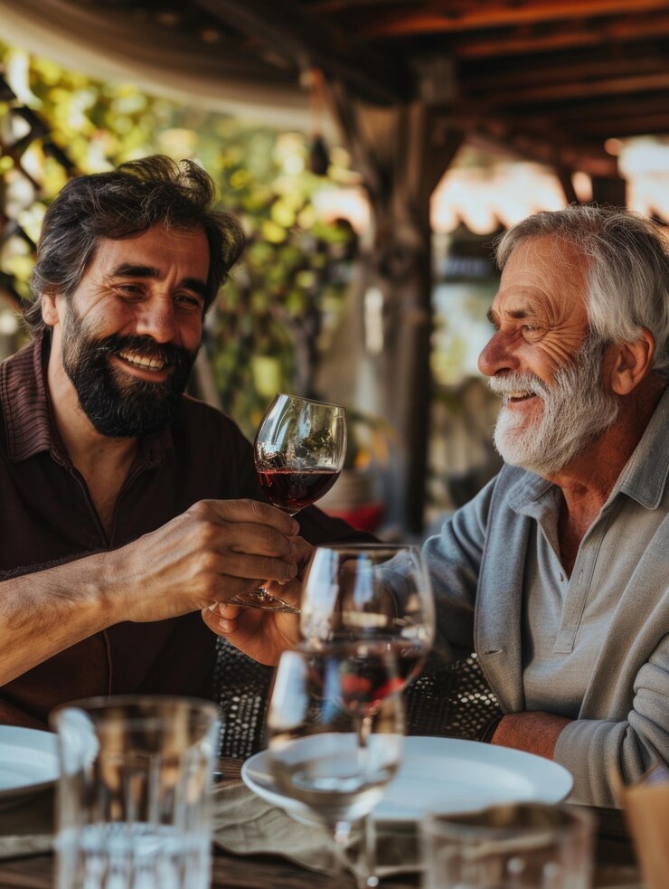 Dos caballeros bebiendo vino perfecto para reuniones sociales o momentos íntimos