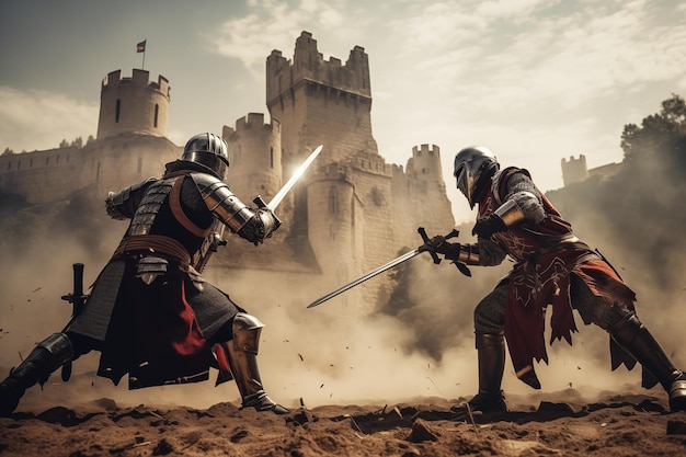 Dos caballeros luchando hasta la muerte en el campo de batalla IA generativa