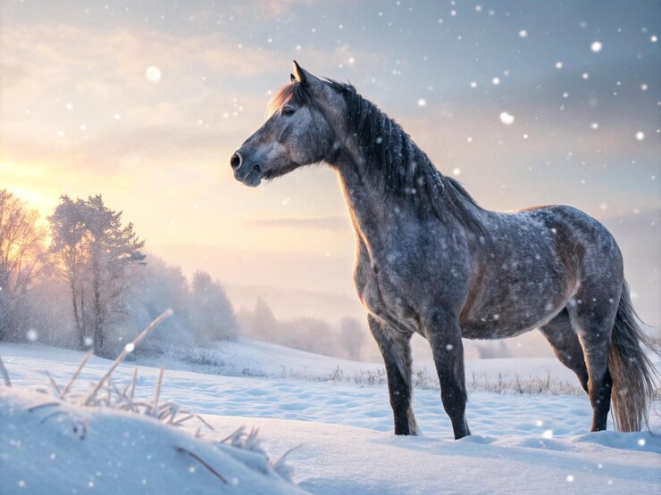 Dos caballos se acurrucan afectuosamente en un campo cubierto de helada que simboliza el calor, el amor y el compañerismo en el corazón del invierno