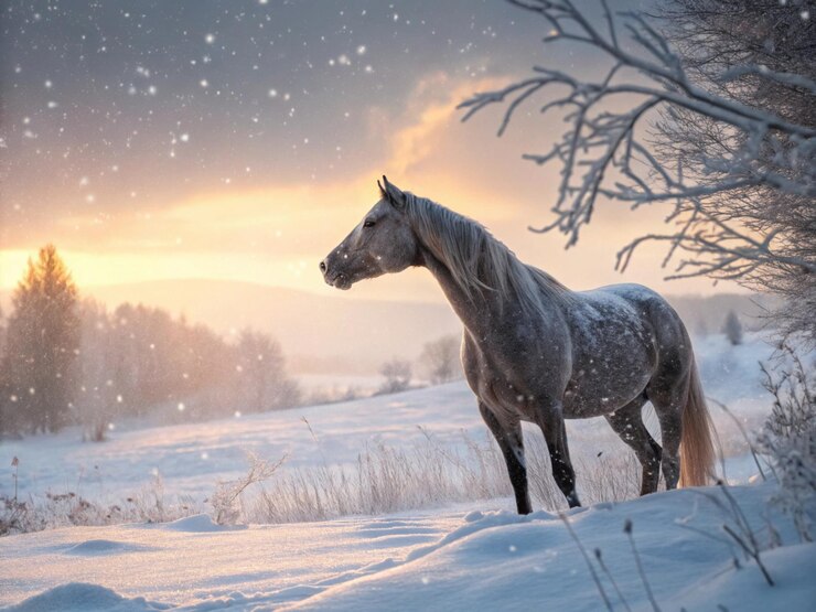 Dos caballos se acurrucan afectuosamente en un campo cubierto de helada que simboliza el calor, el amor y el compañerismo en el corazón del invierno