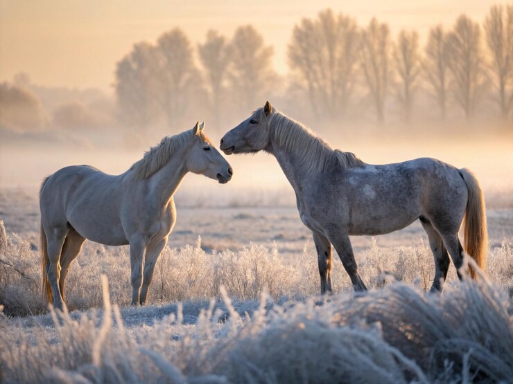 Dos caballos se acurrucan afectuosamente en un campo cubierto de helada que simboliza el calor, el amor y el compañerismo
