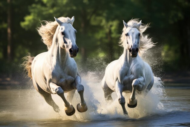 Dos caballos blancos corren a través del agua Dos caballos blancos corren por el agua Poder animal