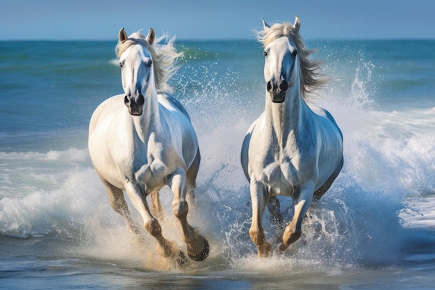 Dos caballos blancos corren a través del agua Dos caballos blancos corren por el agua Poder animal