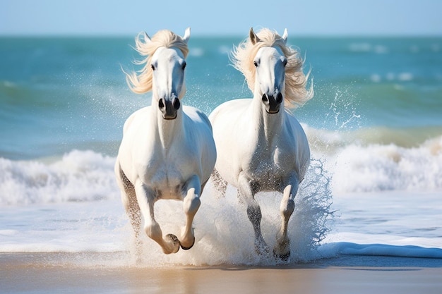 Dos caballos blancos corriendo por la playa.