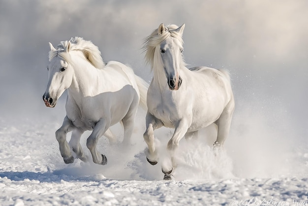 Dos caballos blancos galopando juntos en un campo cubierto de nieve en el fondo de un bosque de invierno