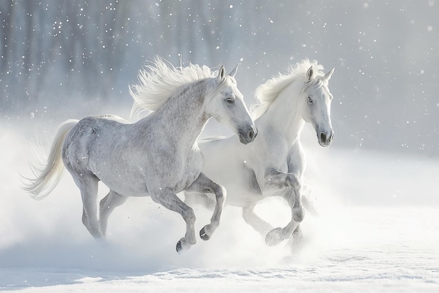 Dos caballos blancos galopando juntos en un campo cubierto de nieve en el fondo de un bosque de invierno