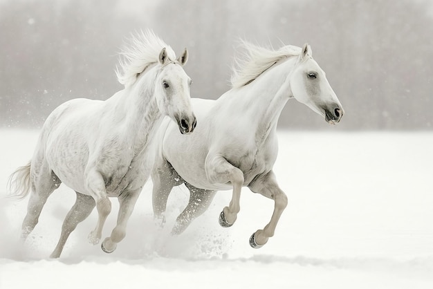 Dos caballos blancos galopando juntos en un campo cubierto de nieve en el fondo de un bosque de invierno