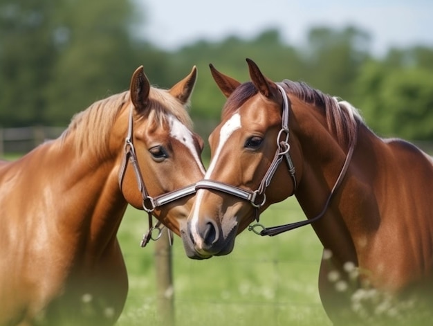 Dos caballos en un campo, uno con brida y el otro con brida.